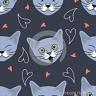 Russian BlueÂ Cat emoticons showing different emotions. Gray Cat head seamless pattern background. Great for wallpaper, kids Vector Illustration